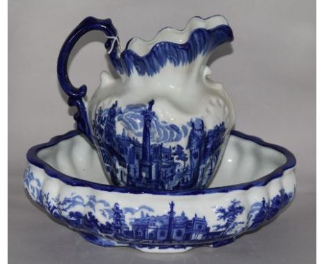 A Victorian blue and white jug and basin