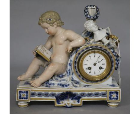 A late 19th century Meissen eight day mantel clock, surmounted by a cherub and objects emblematic of the arts