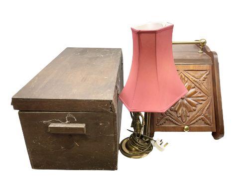 Walnut fall front coal box, brass carrying handles, together with a brass figural table lamp modeled as man with a walking st