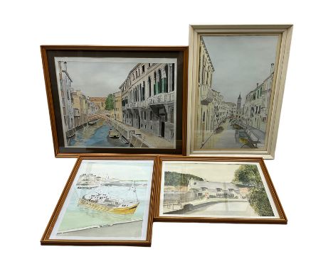 Watercolour of Thornton-le-Dale, three further watercolours by the same hand, and an overpainted print of a Yugoslav harbour 