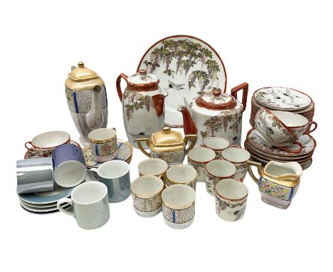  Japanese eggshell tea service, decorated with cranes and wisteria, to include teapot, coffee pot, coffee cans plates etc, to