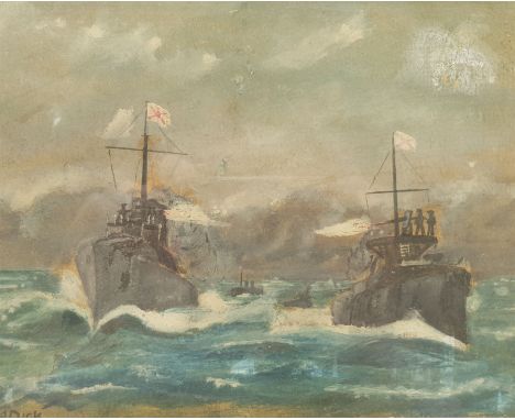 K Dick (British 19th/20th century): 'The Battle of Tsushima' 27th May 1905, scene from the Russo-Japanese War, watercolour si
