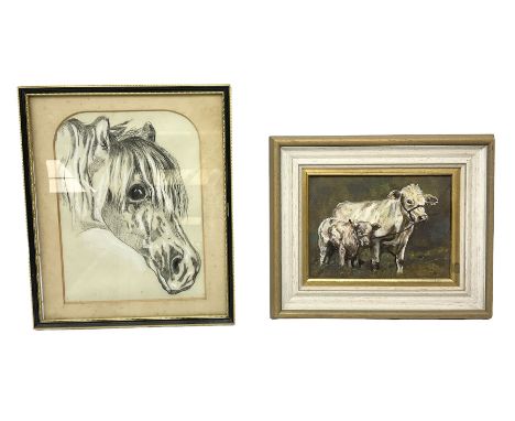 English School (20th century): Westaby Sheriff Hutton Cow and Calf, oil on board signed and dated 1991 together with a chalk 