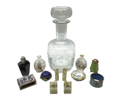 Krosno glass decanter with etched floral decoration, snuff bottles to include oriental glass examples, cloisonné matchbox cov