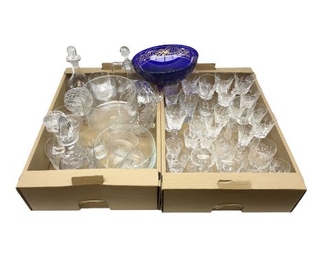 Collection of glassware, to include foot bowl with matching dishes, claret jug, three cut glass decanters, ser of wine glasse