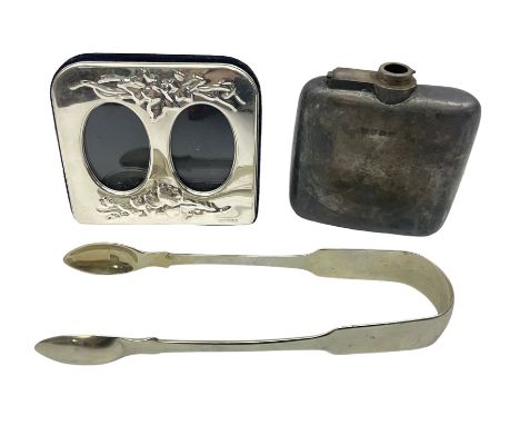 Double oval silver mounted photo frame, hallmarked P J Panton of Birmingham, together with hallmarked silver hip flask (missi