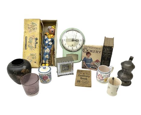 Pelham Puppet, in original box, two clocks, pewter tankard, three pieces of Poole Pottery, glass beaker, lacquered vase etc