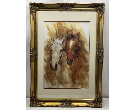 E Rosso (Continental 20th century): Portrait of Grey and Chestnut Horses, colour print 70cm x 46cm