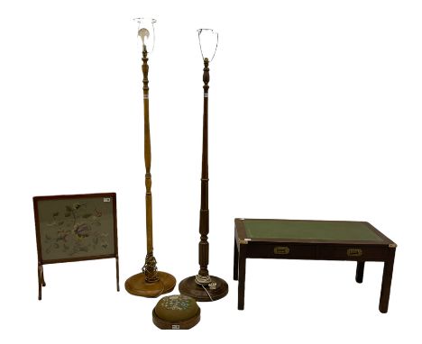 Needlework firescreen, two standard lamps, Victorian footstool, cake stand and a Military style coffee table