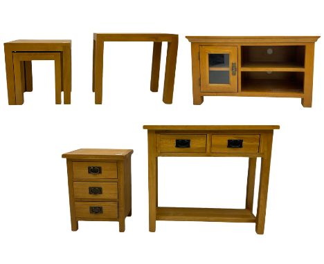 Light oak two drawer console table, television stand, nest of tables, small table and a three drawer chest