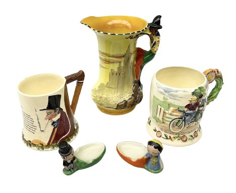 Two Fielding's Crown Devon musical tankards comprising John Peel and Daisy Bell examples, pair of Carlton Ware bride and groo