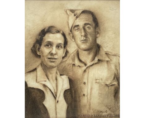 Milos (American mid 20th century): GI Marriage Portrait, pastel signed and inscribed 'Married January 27th 1940', 47cm x 39cm