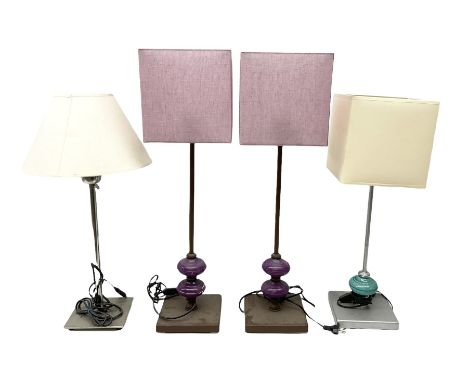 Pair of table lamps, the stems with purple knops and fabric shades, together with another similar turquoise example and furth