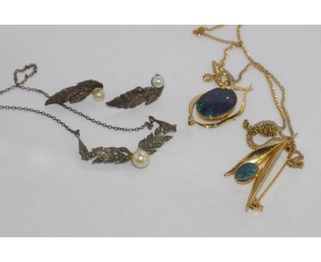 Marcasite necklace and earrings with opal brooch and pendant