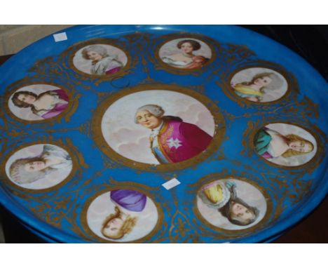Large antique French Sevres style charger handpainted with portrait decorations of Louis XVI & his consorts, 47cm diameter ap
