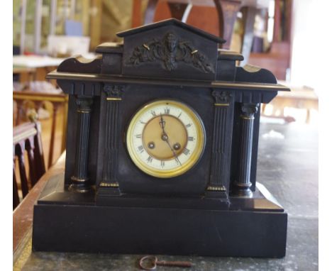 French Japy Freres mantle clock with 8 day striking movement (bell) in architectural slate case, 37cm wide, 34cm high