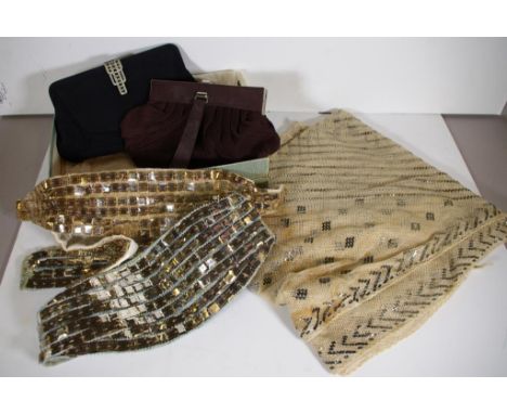 1920s Art deco assuit shawl together with to vintage evening bags, and 2 vintage sequin belts
