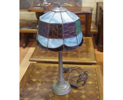 Tiffany style table lamp in blue, green and plum leadlight, with metal base, 59 cm high approx.