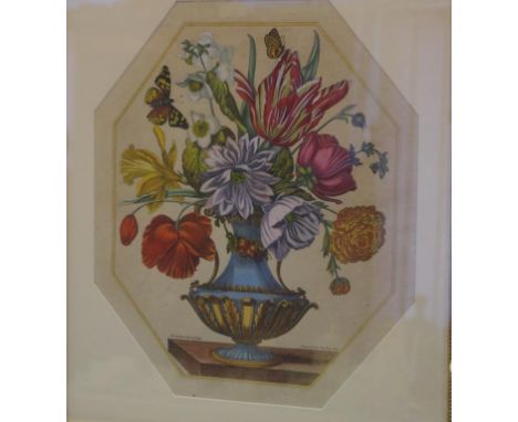Decorative French print depicting an ornate vase of flowers, 70 x 63cm approx(frame)