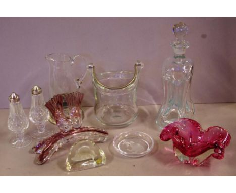 Holmegaard glug glug decanter together with a pair of Waterford Crystal salt & peppers, Murano glass & other Art Glass items