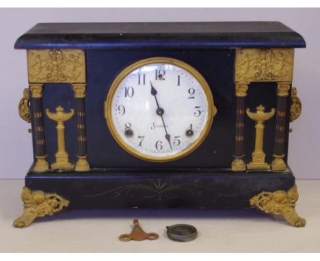American Sessions mantle clock with 8 day striking movement, in Grecian style timber case, W40cm X H25.5cm, with key and pend