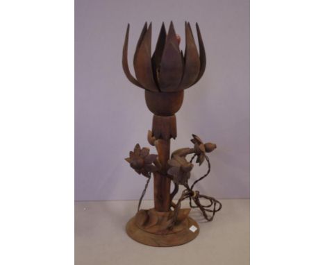 Vintage carved timber lotus flower lamp 41cm high approx.