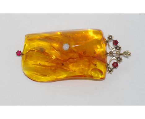 Large Baltic amber pendant with pearl & red stone bale and a centre opal, insects found within amber