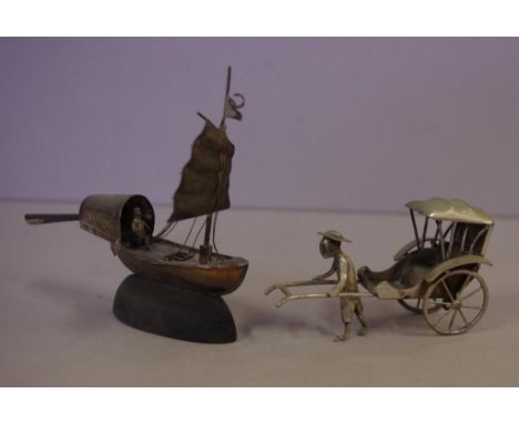 Chinese silver junk on a wooden stand 10 cm high, with a plated rickshaw