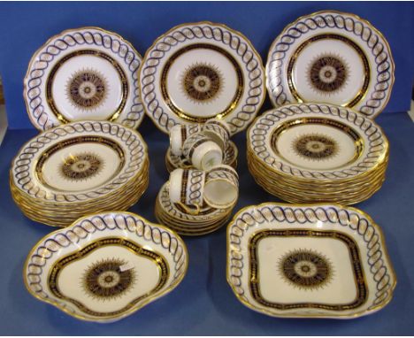 Spode Copeland china blue & gilt dessert set to include 18 plates, 2 serving dishes, 5 coffee cups and saucers