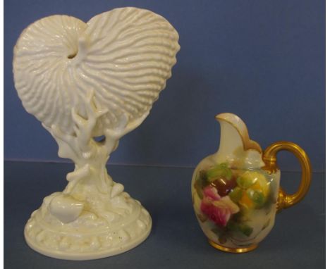 Royal Worcester Nautilus Shell Vase together with a Royal Worcester floral jug, as inspected