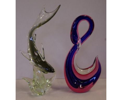 Two large art glass figurines one of a swan, the other a shark, H16.5cm approx (tallest)