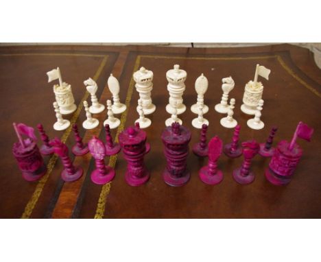 Vintage carved ivory chess set circa 1940, King 8cm high approx. NB. this item cannot be exported without CITES documentation