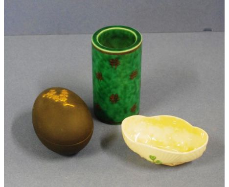 Swedish silver overlay cylinder vase together with a Belleek dish and a Wedgwood egg shape lidded trinket box