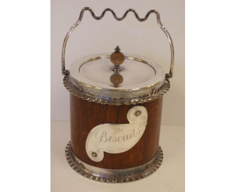 Walker and Hall biscuit barrel with silver plated fittings, oak outer and ceramic lining, 22cm high