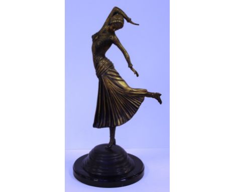 Art deco French style cast metal lady figure on round stone base, H54cm approx