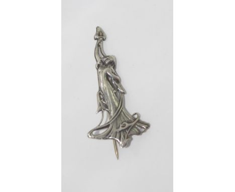 Art Nouveau brooch of girl in flowing dress size: approx 4cm