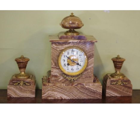 Antique French marble clock garniture with 8 day striking movement (bell) in marble case (24cm wide, 33cm high) flanked by 2 