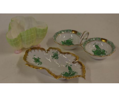 Royal Worcester shell bowl on three feet together with two Herend "Chinese Bouquet-green leaf" dishes