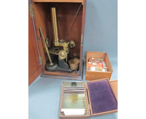 Field of Birmingham Brass Microscope, with accessories, including lenses in upper drawer of Mahogany case, two boxes of micro