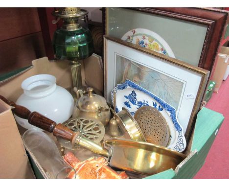 Early XX Century Brass Oil Lamp, with a white glass shade, green glass well, brass trivet, etc:- One Box.