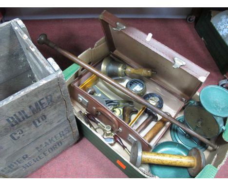 Stanley Plane, bell, Handarbeit lighter, scales, walking cane, etc:- One Box. Bulmer's wooden crate.