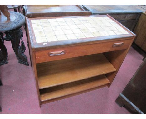 Teak Desk Circa 1970s, with 55 ceramic tile top over single drawer and single shelf, 84.5cm wide.