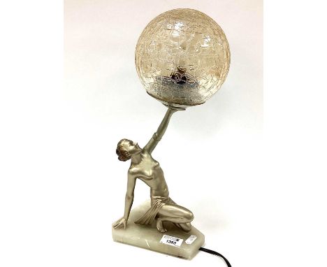 Art Deco Table Lamp with Globular Shade, supported by silvered spelter kneeling female, on alabaster angular base, 38cm overa