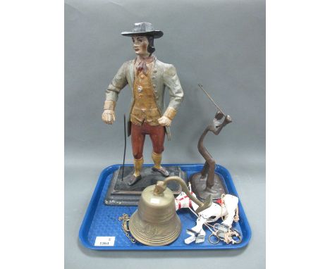 Muffin The Mule Metal Horse Marionette Puppet, brass bell, J.V.E metal male figure and golfer.