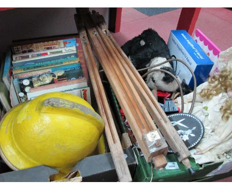 Fireman's helmet, Riding hat, antique reference books, scrabble board game, skipping rope, artists easel etc:- Two Boxes