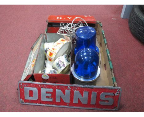 Fire Service - 'Dennis' aluminium vehicle plate, 44cm long, two red painted metal boxes, blue rotoflash light by Moflash, sti