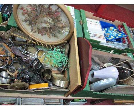 Scales, cutlery, brass table lamp etc (two boxes).