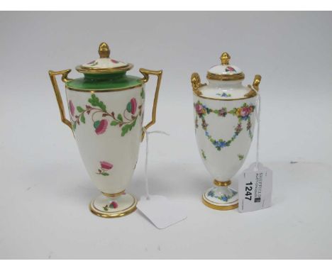 Minton China Lidded Urn, hand painted with roses, twin gilt upper handles, 13.5cm high, another larger (2)Both marked to base