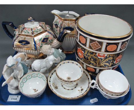 Ashworth Imari Pottery Jardiniere, 17.5cm high. XIX Century tea bowls, Continental figurines, etc:- One Tray.