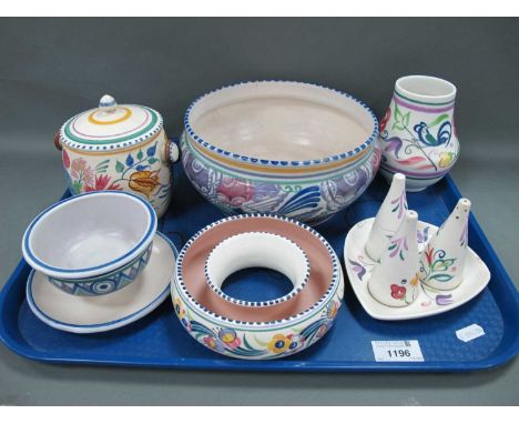 Poole Pottery, KZ Art Deco terracotta bowl on attached stand, Carter Stabler Adams bowl, 21cm diameter (fire crack). Posy rin